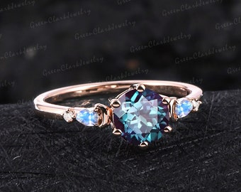 Unique alexandrite engagement ring Art deco five stones promise ring Vintage solid 14K 18K rose gold wedding Ring for women June birthstone