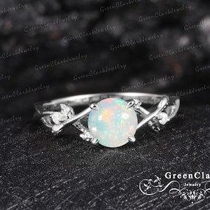Vintage Opal engagement ring Solid 14k white gold promise ring Nature inspired art deco oct birthstone leaf ring Unique Anniversary gifts