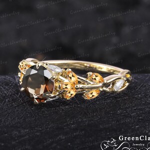 Unique Smoky quartz engagement ring Art deco solid 14K gold promise ring Nature inspired leaf ring Vintage handmade jewelry gift for women