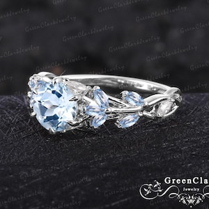 Unique Aquamarine engagement ring set Art deco solid 14k white gold promise ring Nature inspired leaf ring Handmade jewelry gift for women