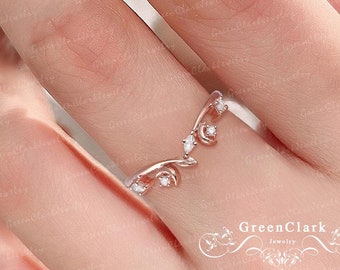 Unique moissanite wedding ring Art deco solid 14k rose gold leaf wedding band Nature inspired diamond moon curved band Handmade jewelry gift