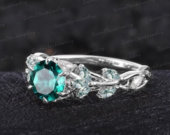 Unique emerald engagement ring Art deco green stone promise ring Nature inspired solid 14K white gold leaf ring Anniversary gifts for women