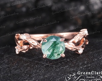 Moss agate engagement ring Art deco leaf ring Round cut gemstone Nature inspired Rose gold Unique Wedding Bridal Diamond ring Promise ring