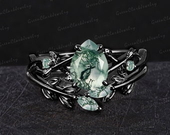 Gothic pear shaped moss agate engagement ring sets Unique solid 14k black gold leaf promise ring Nature inspired art deco bridal sets Gifts