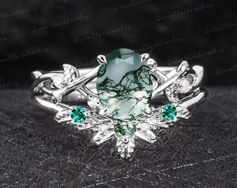 Vintage oval cut moss agate engagement ring sets Art deco leaf promise ring Nature inspired white gold bridal sets Unique Anniversary gifts