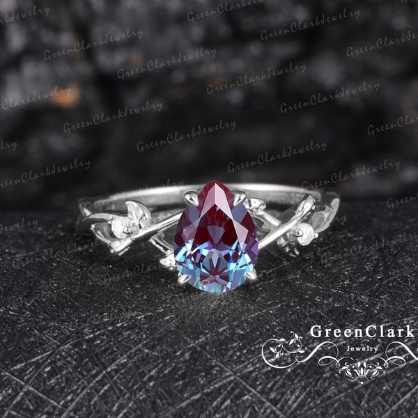 Alexandrite engagement ring Art deco pear cut promise ring 14k 18k solid white gold Vintage leaf ring Personalized jewelry Anniversary gifts