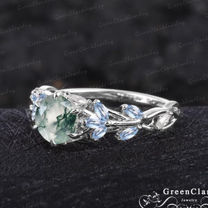 Vintage Moosachat Verlobungsring Massiv 14K Weißgold Versprechen Ring Natur inspiriert Art-Deco-Blattring Einzigartiges handgemachtes Schmuckgeschenk für sie