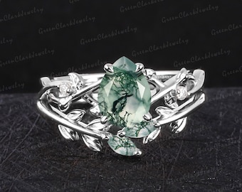 Vintage pear shaped moss agate engagement ring sets Unique art deco leaf promise ring Nature inspired 14k white gold bridal sets for women