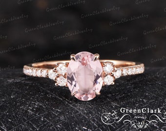 Pink morganite engagement ring Art deco oval cut promise ring 14k solid rose gold Vintage diamond cluster ring ring Unique Anniversary gifts