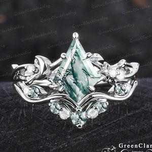 Unique kite cut moss agate engagement ring sets Art deco moon leaf promise ring Nature inspired 14K white gold bridal set Anniversary gifts