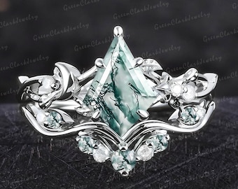 Unique kite cut moss agate engagement ring sets Art deco moon leaf promise ring Nature inspired 14K white gold bridal set Anniversary gifts