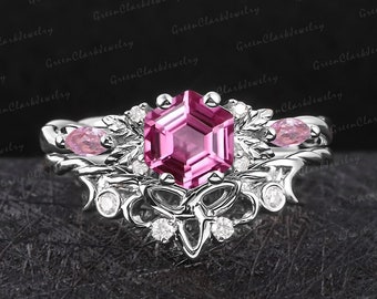 Unique hexagon cut pink sapphire engagement ring set Art deco leaf promise ring Nature inspired  white gold bridal set Handmade jewelry gift