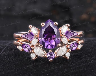 Unique pear shaped amethyst engagement ring set Art deco promise ring Rose gold purple gemstone bridal sets Handmade jewelry gifts for women