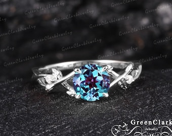 Alexandrite engagement ring Art deco promise ring 14k 18k solid white gold Vintage leaf ring Personalized jewelry Unique Anniversary gifts