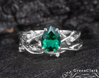 Emerald engagement ring sets Art deco pear shaped promise ring 14k 18k solid white gold Vintage diamond bridal sets Unique Anniversary gifts