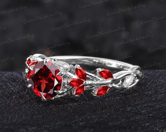 Unique red garnet engagement ring Art deco gemstone promise ring Nature inspired 14k white gold leaf ring Handmade jewelry gifts for women