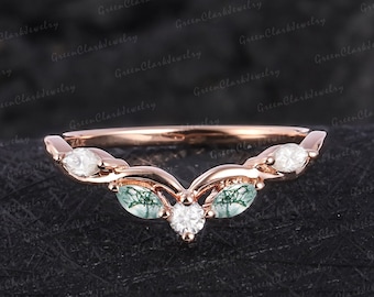 Unique moss agate wedding ring for women Solid 18k 14k rose gold wedding band Diamond curved band Moissanite matching band Anniversary gifts