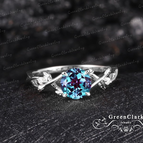 Alexandrite engagement ring Art deco promise ring 14k 18k solid white gold Vintage leaf ring Personalized jewelry Unique Anniversary gifts