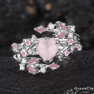 Heart cut rose quartz engagement ring set Art deco leaf promise ring Nature inspired solid 14k white gold bridal set Handmade jewelry gift