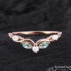 Unique moss agate wedding ring for women Solid 18k 14k rose gold wedding band Diamond curved band Moissanite matching band Anniversary gifts