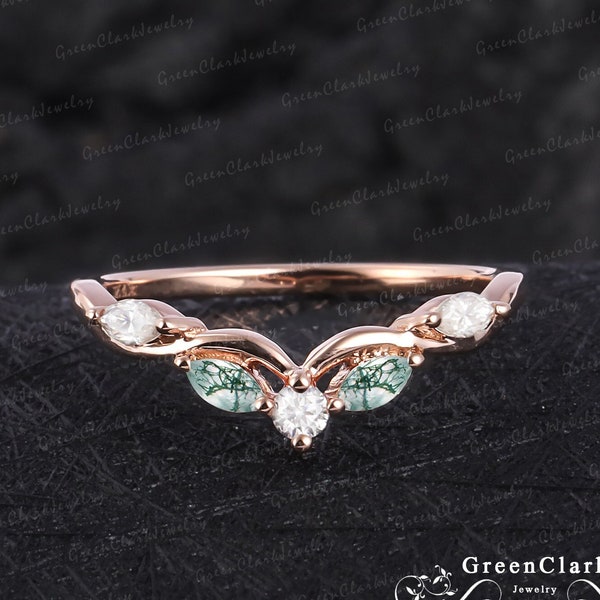 Unique moss agate wedding ring for women Solid 18k 14k rose gold wedding band Diamond curved band Moissanite matching band Anniversary gifts