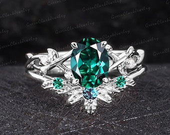 Vintage oval cut emerald engagement ring sets Art deco leaf promise ring Nature inspired 14K white gold bridal sets Unique Anniversary gifts