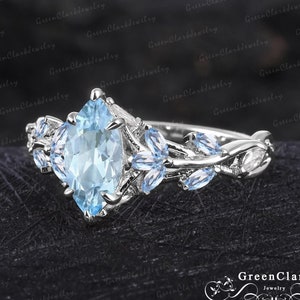 Unique marquise cut Aquamarine engagement ring Art deco 14k white gold promise ring Nature inspired leaf ring Handmade jewelry gift for her