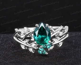 Vintage pear shaped emerald engagement ring sets Unique art deco leaf silver promise ring Nature inspired 14K white gold bridal sets for her