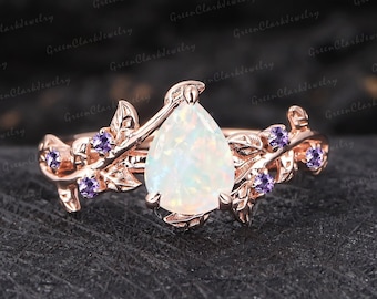 Vintage pear shaped white opal engagement ring Unique solid rose gold promise ring Nature inspired art deco leaf ring Handmade jewelry gifts