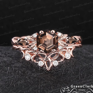 Unique hexagon cut smoky quartz engagement ring set Art deco leaf promise ring Nature inspired 14K rose gold bridal set Jewelry gift for her