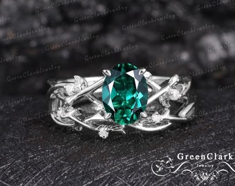 Emerald engagement ring sets Art deco oval cut promise ring 14k 18k solid white gold Vintage diamond bridal sets Unique Anniversary gifts