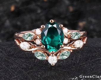 Unique oval cut emerald engagement ring sets Art deco promise ring Solid 14K rose gold green stone bridal sets Anniversary gifts for women