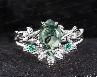Vintage pear moss agate engagement ring sets Art deco leaf promise ring Nature inspired 14k white gold bridal sets Unique Anniversary gifts
