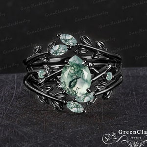 3PCS Gothic pear shaped moss agate engagement ring sets Unique solid 14k black gold leaf promise ring Nature inspired art deco bridal sets
