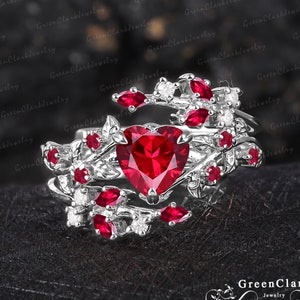 Heart cut red ruby engagement ring set Art deco leaf promise ring Nature inspired solid 14k white gold bridal set Her handmade jewelry gift