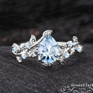 Pear cut natural aquamarine engagement ring Art deco white gold promise ring Nature inspired Mar birthstone leaf platinum ring Jewelry gift