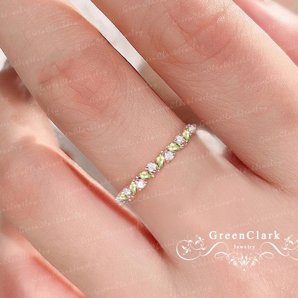 Natural peridot wedding ring Solid 14k rose gold wedding band Marquise green gemstone band Unique half eternity band Handmade jewelry gifts