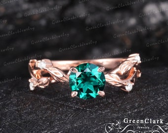 Emerald engagement ring Art deco promise ring 14k 18k solid rose gold Vintage nature inspired leaf ring Unique anniversary gifts for women