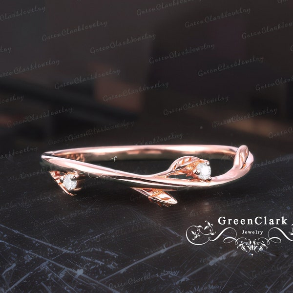 Unique moissanite wedding ring for women Art deco leaf ring Solid 14k rose gold diamond wedding band Nature inspied curved band Jewelry gift