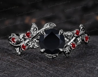 Gothic black onyx engagement ring Unique 14k black gold leaf ring Nature inspired art deco promise ring Handmade jewelry gift for women