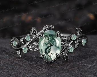 Vintage moss agate engagement ring Oval art deco leaf promise ring Nature inspired solid white gold cluster ring Unique Anniversary gifts
