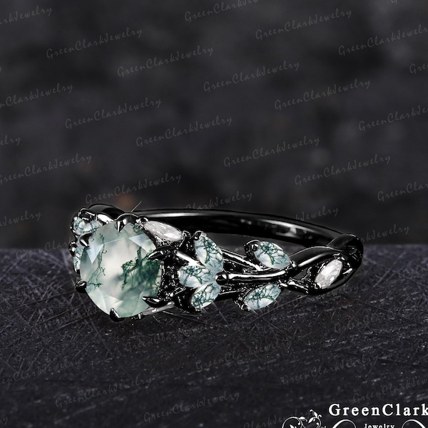 Gothic green moss agate engagement ring Unique solid 14k black gold leaf ring Nature inspired art deco promise ring Handmade jewelry gift