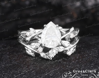 Moissanite engagement ring sets Art deco pear shaped promise ring 14k 18k solid white gold Vintage bridal sets Unique Anniversary gifts