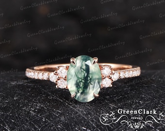 Moss agate engagement ring Art deco oval cut promise ring 10k 14k 18k solid rose gold Vintage diamond cluster ring Unique Anniversary gifts