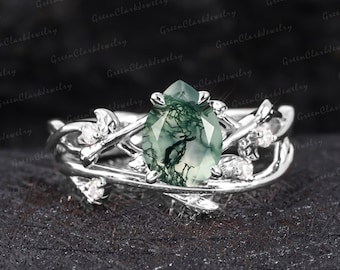 Vintage pear cut moss agate engagement ring sets Art deco leaf promise ring Nature inspired white gold bridal sets Unique Anniversary gifts