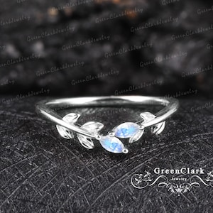 Marquise moonstone wedding ring Solid 18k 14k white gold wedding band Unique nature inspired leaf matching curved band Anniversary gifts