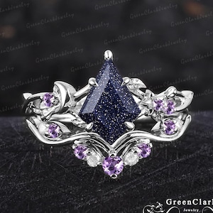 Unique kite cut blue sandstone engagement ring set Art deco moon leaf promise ring Nature inspired solid white gold bridal set Jewelry gift