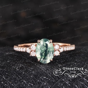 Moss agate engagement ring Art deco oval cut promise ring 10k 14k 18k solid rose gold Vintage diamond cluster ring Unique Anniversary gifts