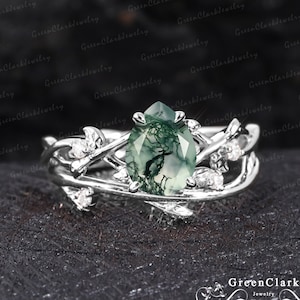 Vintage pear cut moss agate engagement ring sets Art deco leaf promise ring Nature inspired white gold bridal sets Unique Anniversary gifts