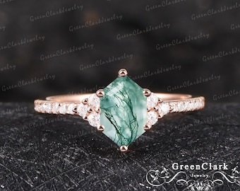 Anello di fidanzamento in agata muschiata Anello di promessa con taglio esagonale lungo Art Déco Anello vintage con diamanti in oro rosa massiccio 14k Regali unici per l'anniversario